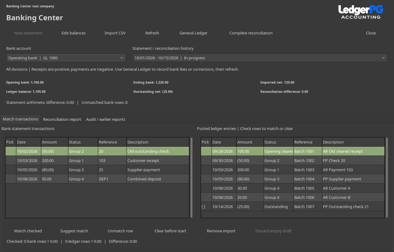 LedgerPG Banking Center with bank and ledger transactions matched side by side